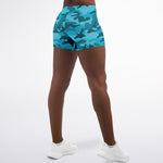 Women's Mid-rise All Cyan Camouflage Athletic Booty Shorts