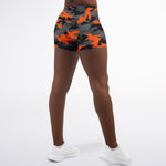 Women's Mid-rise Black Orange Camouflage Athletic Booty Shorts