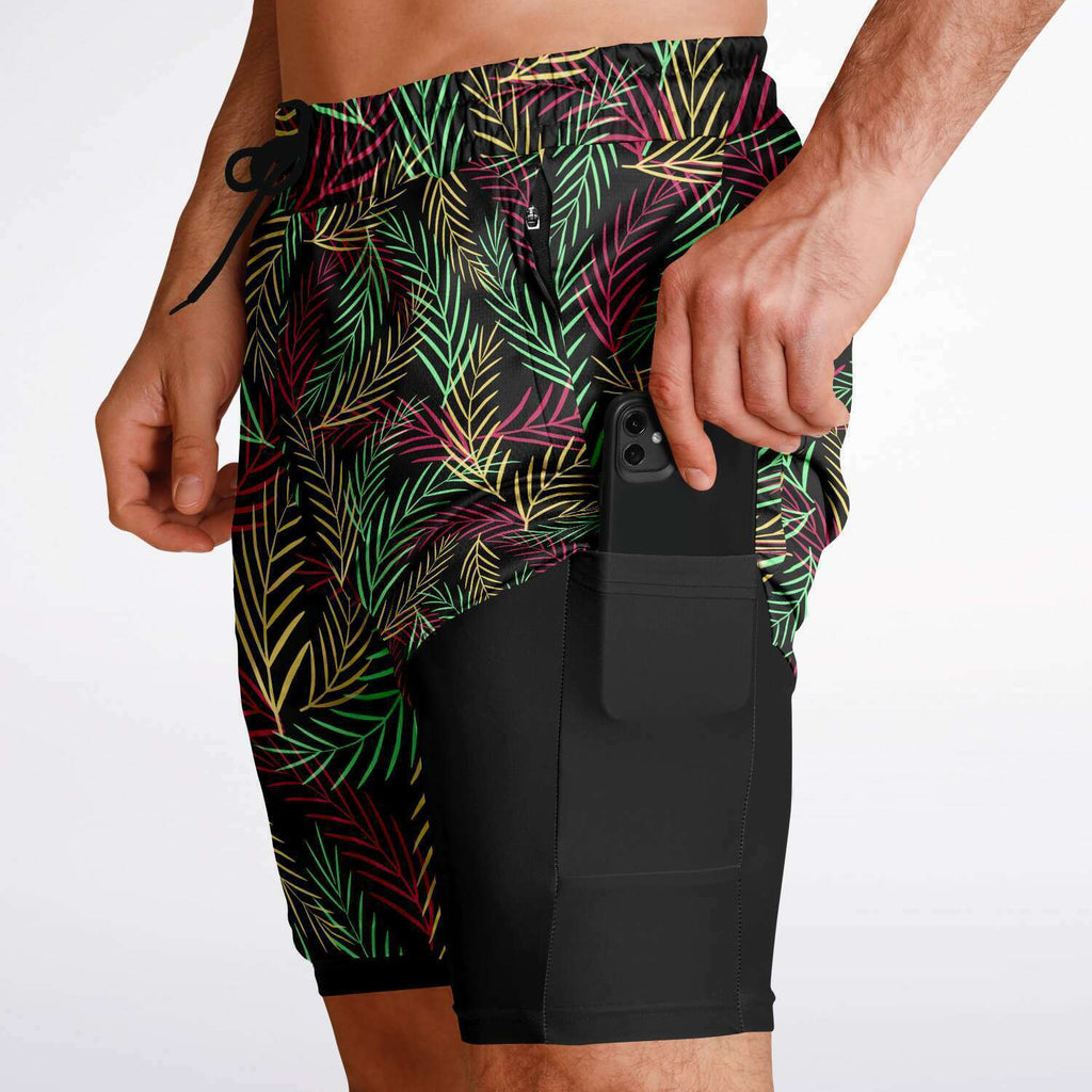 Men's 2-in-1 Neon Palm Tree Leaves Gym Shorts