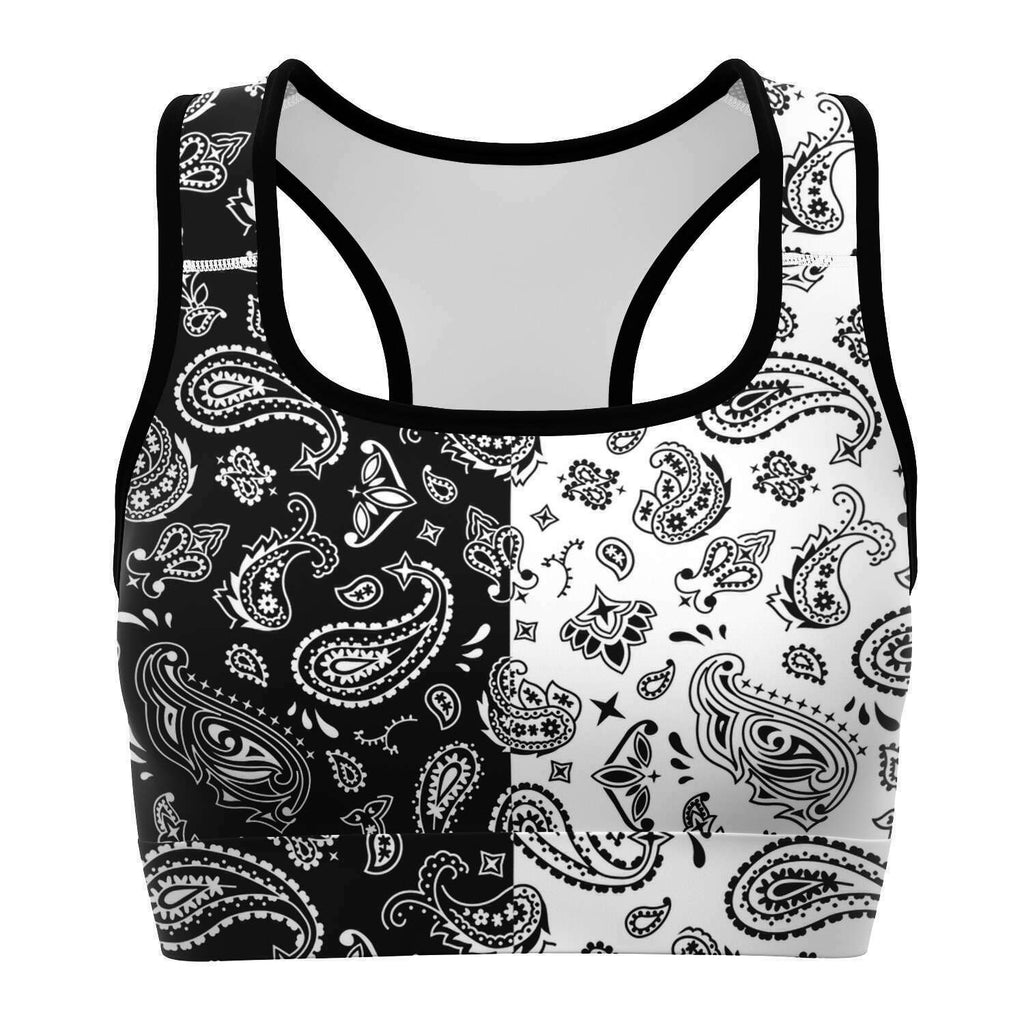 Women's Half Split Black White Paisley Bandana Athletic Sports Bra