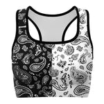 Women's Half Split Black White Paisley Bandana Athletic Sports Bra