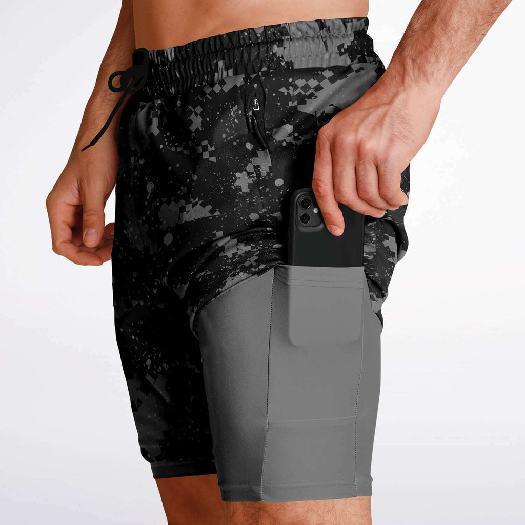 Men's Black Grey Checker Paint Splash Camouflage Gym Shorts