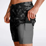 Men's Black Grey Checker Paint Splash Camouflage Gym Shorts