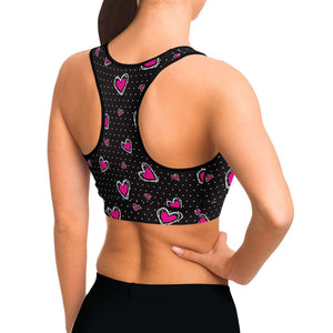 Women's Pink Hearts Polka Dots Athletic Sports Bra Model Right