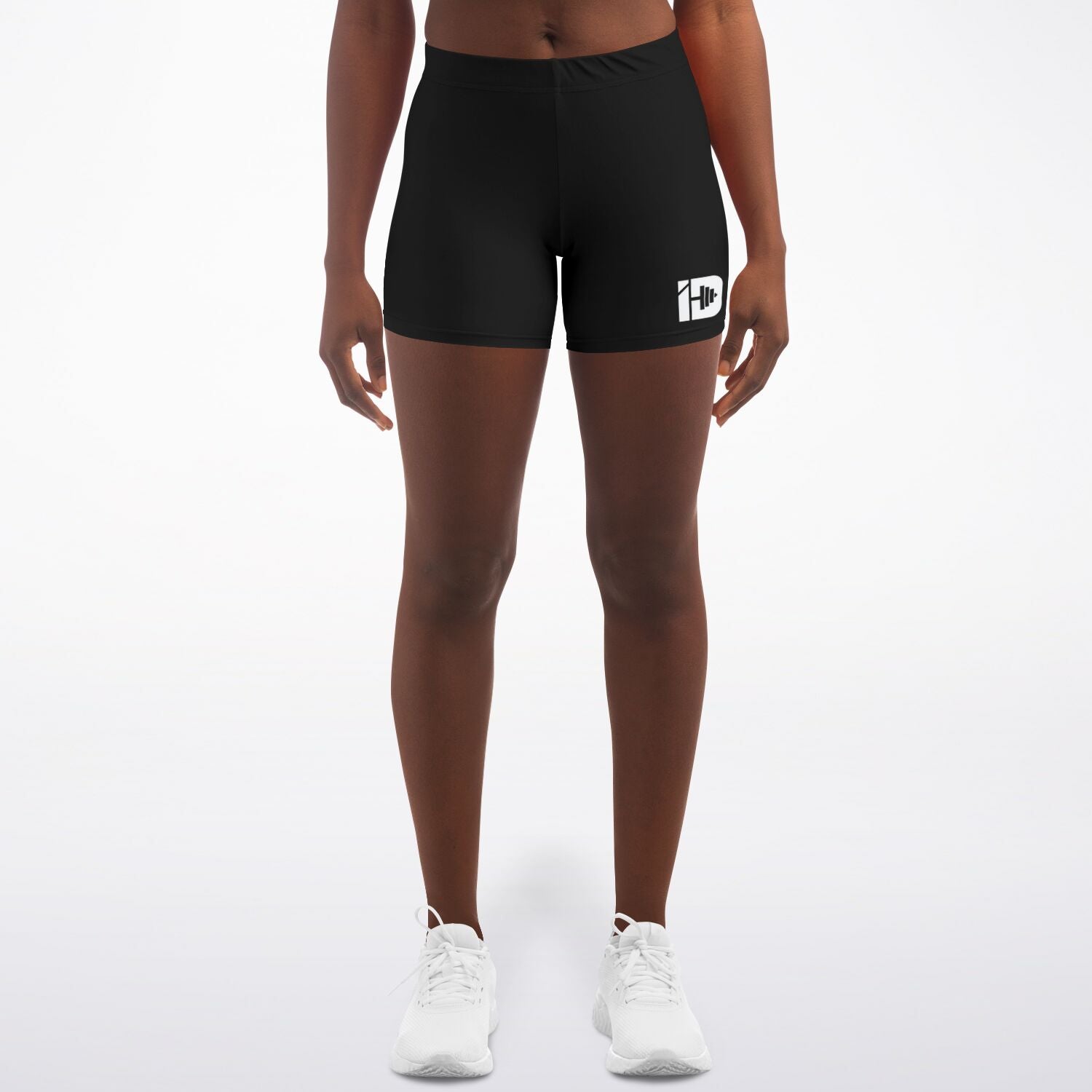 Women's All Black Iron Discipline Logo Mid-Rise Athletic Booty Shorts