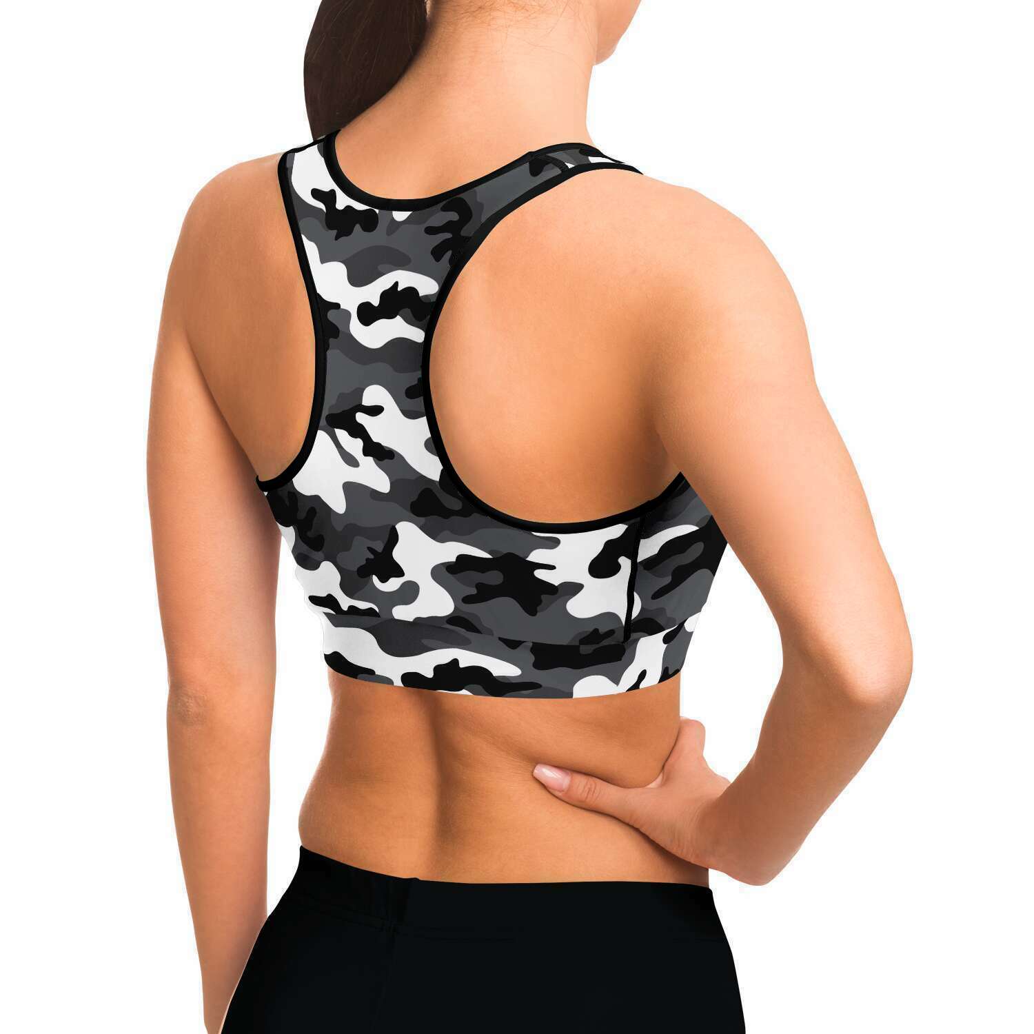 Women's Black White Camouflage Athletic Sports Bra Model Right