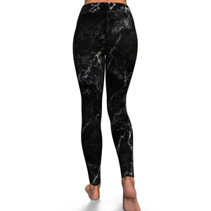 Women's Black White Marble High-waisted Yoga Leggings Back