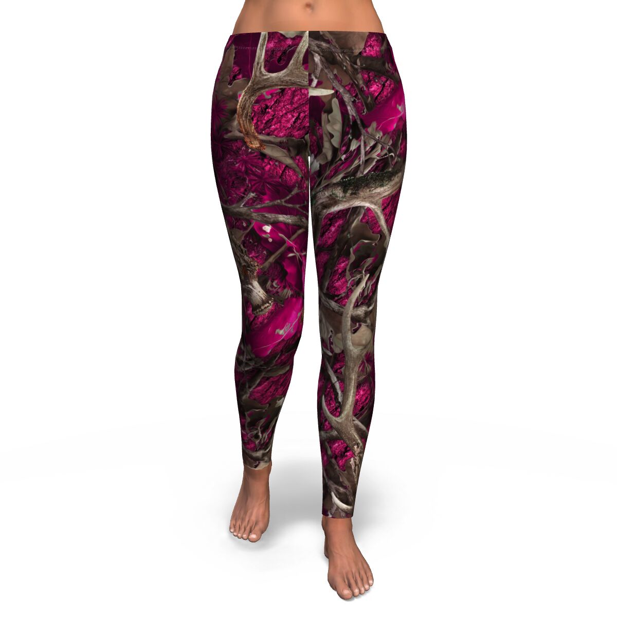 Women's Pink Hunting Camo Mid-Rise Yoga Leggings Front