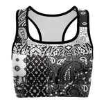 Women's Black White Paisley Patchwork Athletic Sports Bra