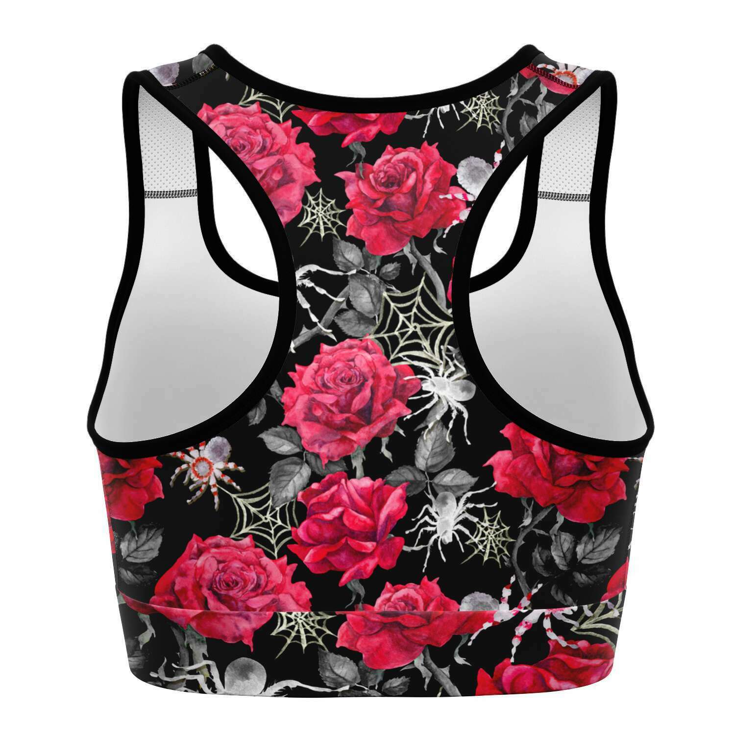 Women's Deadly Pink Roses & Spiders Halloween Athletic Sports Bra Back