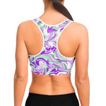 Women's Purple Green Marble Paint Swirls Athletic Sports Bra Model Back