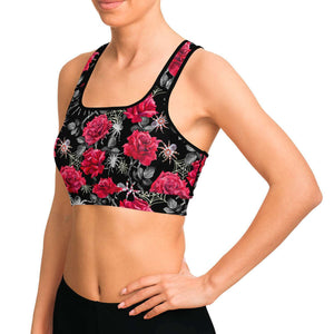 Women's Deadly Pink Roses & Spiders Halloween Athletic Sports Bra Model Left
