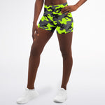 Women's Neon Fluorescent Melon Green Camouflage Yoga Booty Athletic Shorts