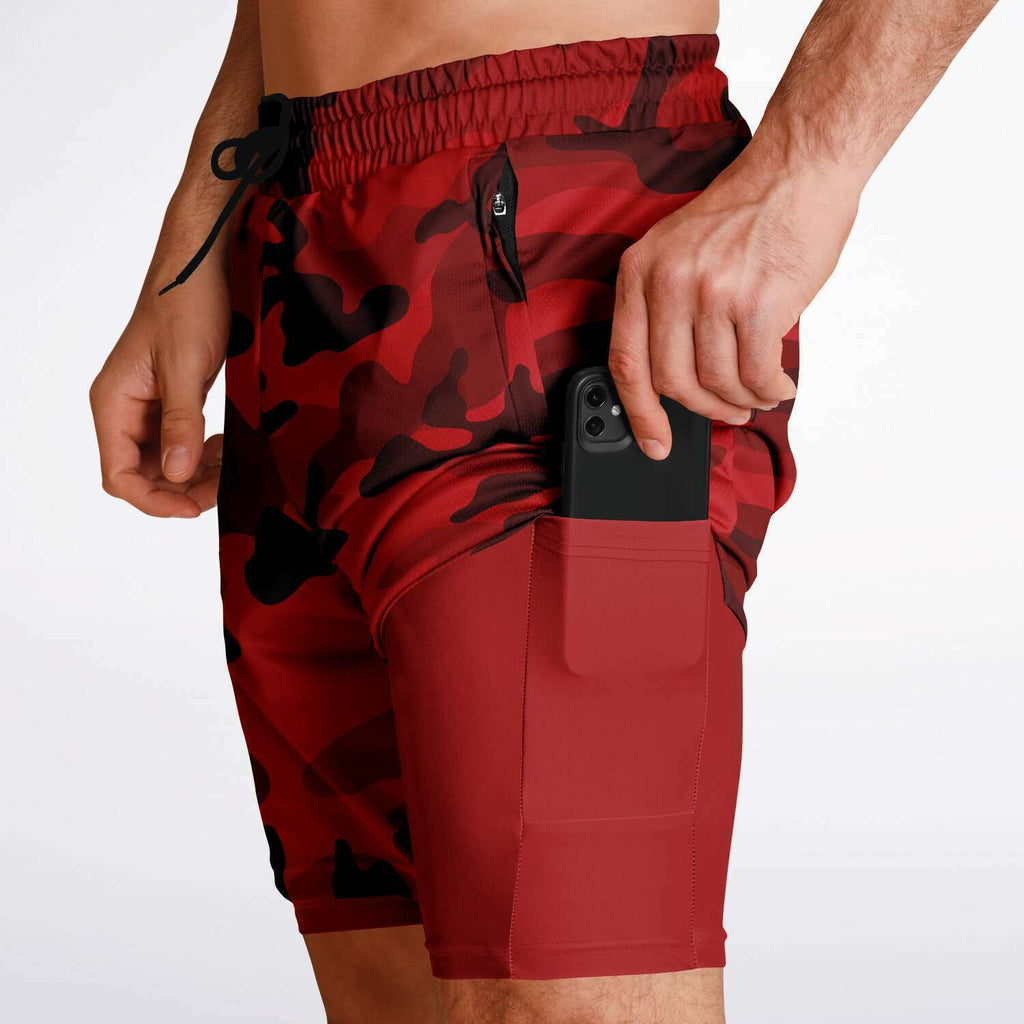 Men's 2-in-1 All Red Camouflage Gym Shorts