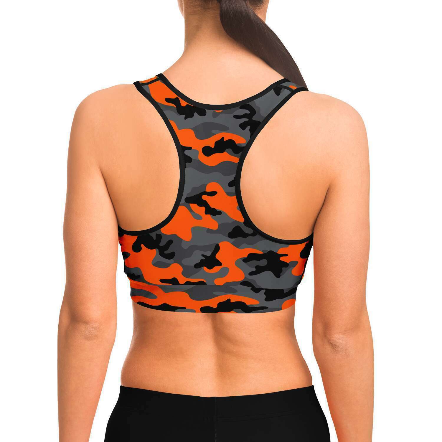 Women's Black Orange Camouflage Athletic Sports Bra Model Back