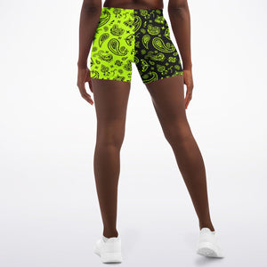 Women's Black Melon Green Highlighter Split Paisley Mid-rise Athletic Yoga Booty Shorts Back