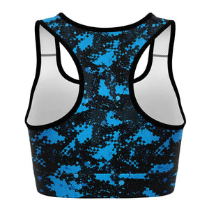 Women's Blue Digital Camouflage Athletic Sports Bra Back