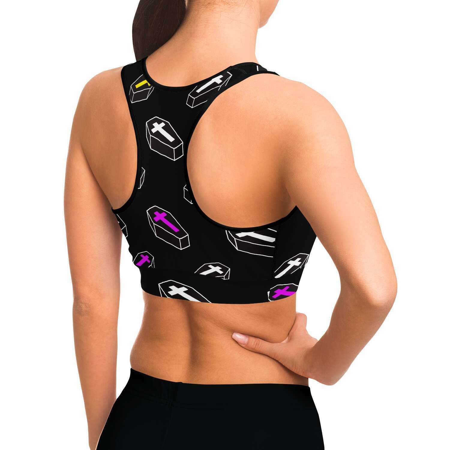 Women's Neon Gothic Crosses Coffins & Covens Athletic Sports Bra Model Right