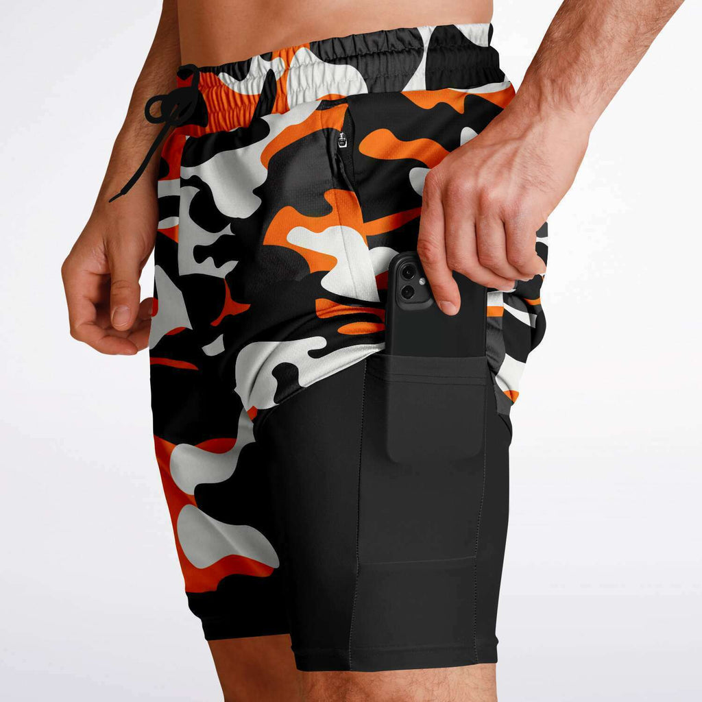 Men's 2-in-1 Black Orange Urban Camouflage Gym Shorts