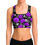 Women's Deadly Purple Roses & Spiders Halloween Athletic Sports Bra Model Front