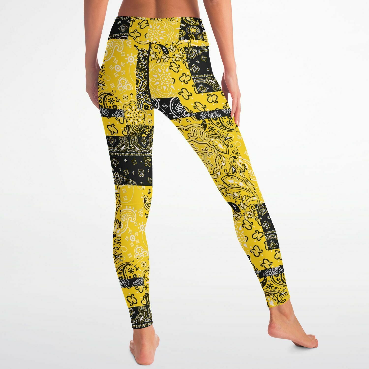 Women's Yellow Paisley Patchwork Athletic High-waisted Yoga Leggings Back