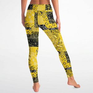 Women's Yellow Paisley Patchwork Athletic High-waisted Yoga Leggings Back