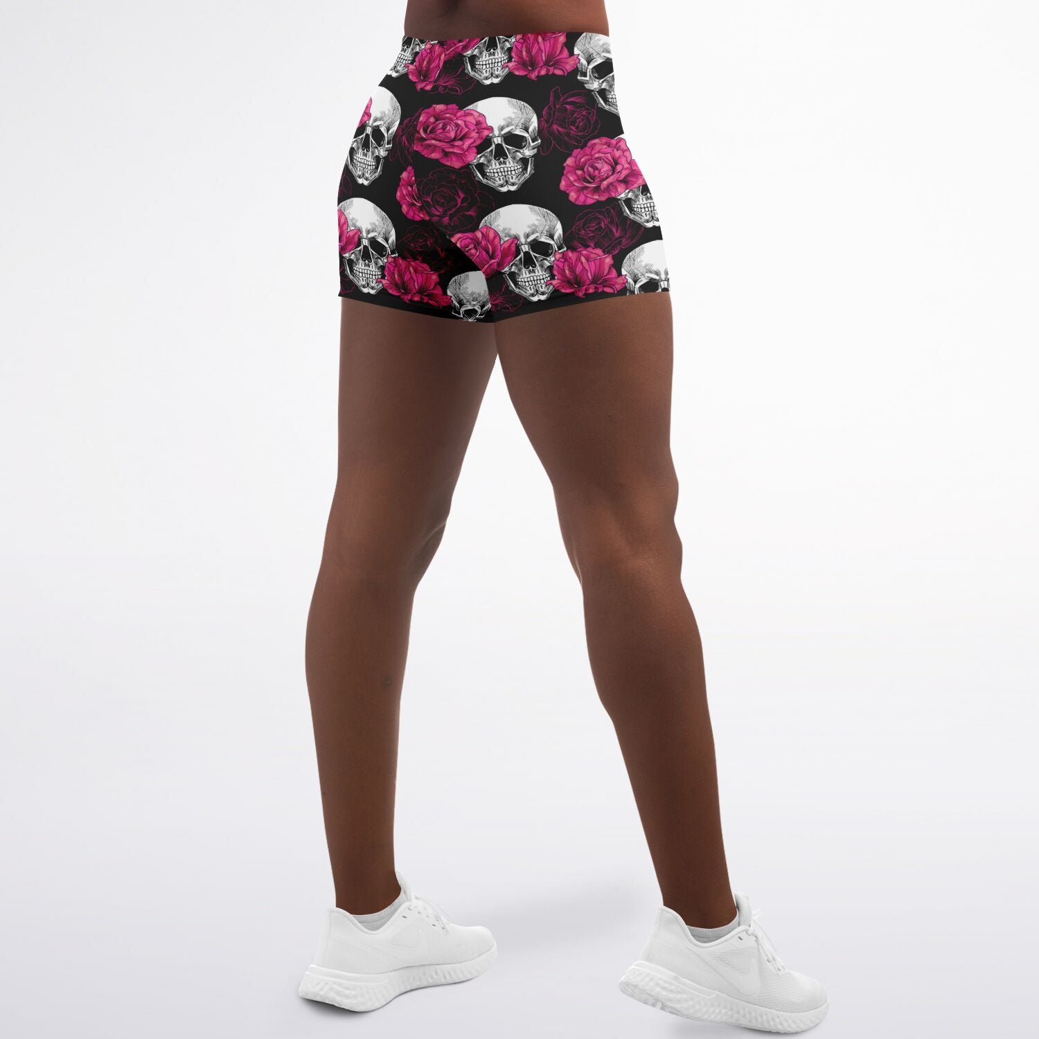Women's Mid-rise Pink Roses Skulls Athletic Booty Shorts