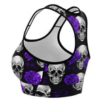Women's Purple Roses & Skulls Halloween Athletic Sports Bra Left