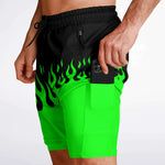 Men's 2-in-1 Green Classic Hot Rod Fire Gym Shorts