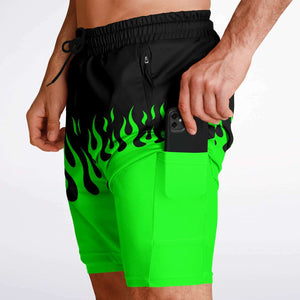 Men's 2-in-1 Green Classic Hot Rod Fire Gym Shorts