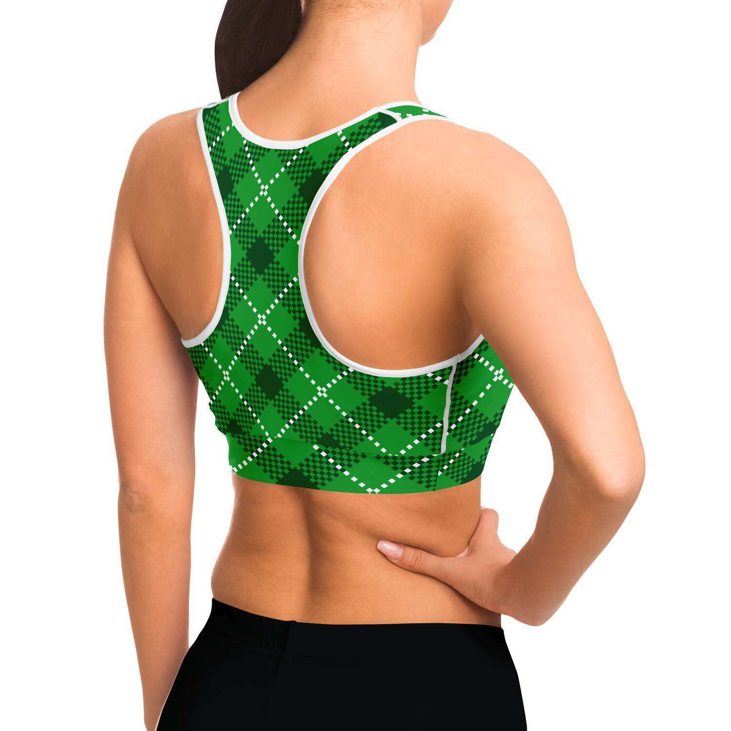 Women's Irish Winter Green Plaid Athletic Sports Bra Model Right