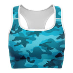 Women's All Cyan Blue Camouflage Athletic Sports Bra