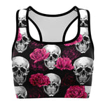 Women's Pink Roses & Skulls Halloween Athletic Sports Bra