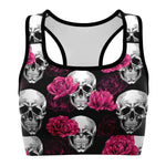 Women's Pink Roses & Skulls Halloween Athletic Sports Bra