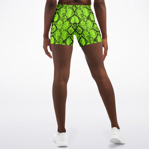 Women's Mid-rise Green Snakeskin Reptile Print Athletic Booty Shorts