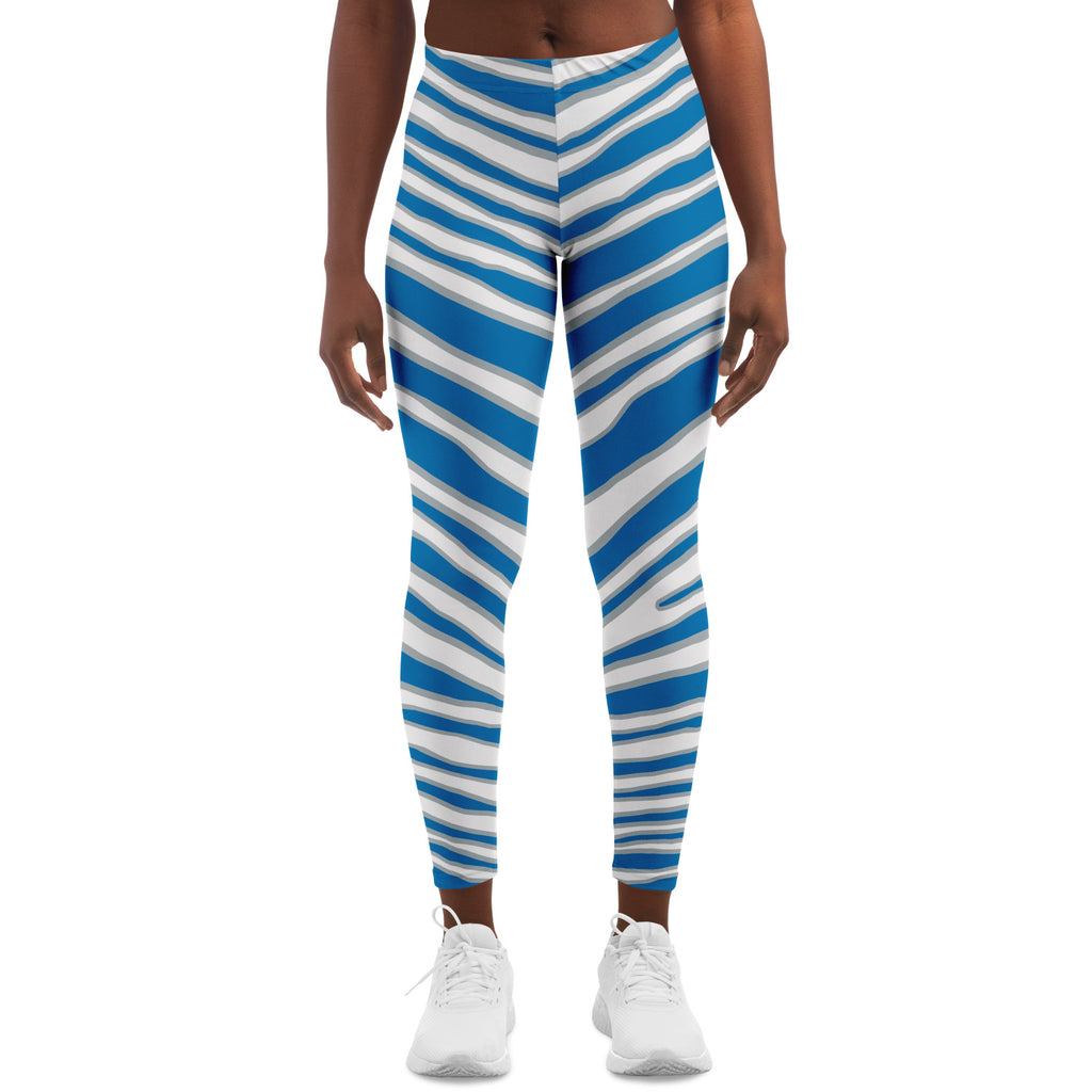 Women's Detroit Football Blue Silver Wild Zebra Stripe Animal Pattern Mid-rise Athletic Yoga Leggings