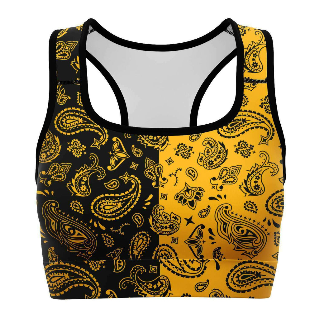 Women's Black Yellow Half Split Paisley Bandana Athletic Sports Bra