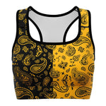 Women's Black Yellow Half Split Paisley Bandana Athletic Sports Bra