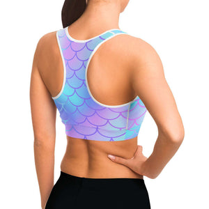 Women's Pink Blue Mermaid Scales Athletic Sports Bra Model Right