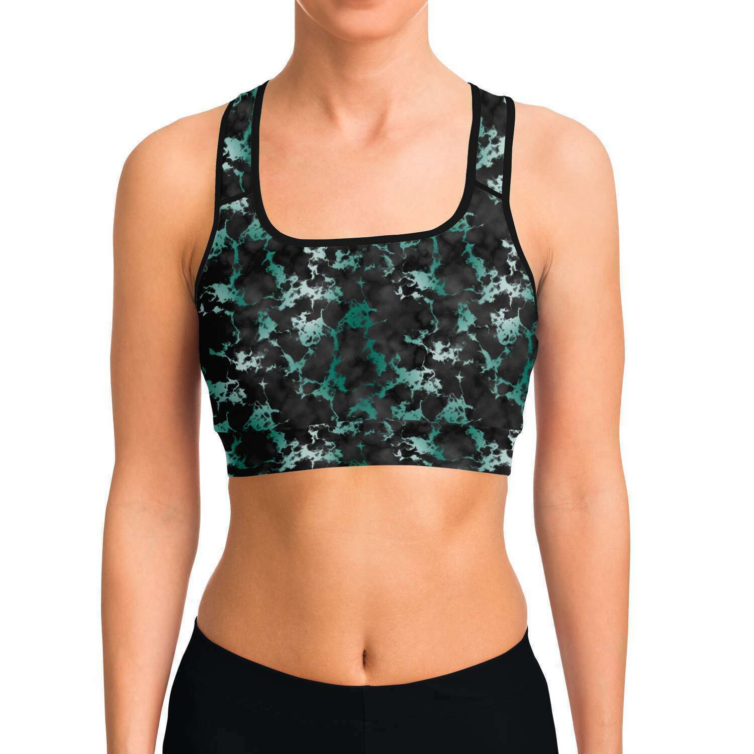 Black Green Marble Sports Bra