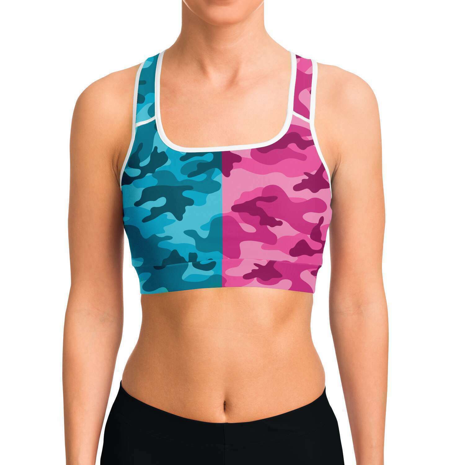 Women's All Cyan Pink Camouflage Athletic Sports Bra Model Front
