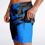 Men's 2-in-1 Black Carolina Blue Camouflage Gym Shorts