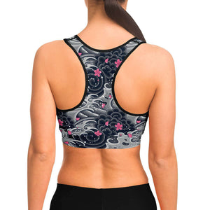 Women's Pink Winter Japanese Cherry Blossom Sakura Great Wave Kanagawa Athletic Sports Bra Model Back