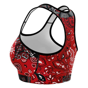 Women's Red Paisley Patchwork Athletic Sports Bra Left