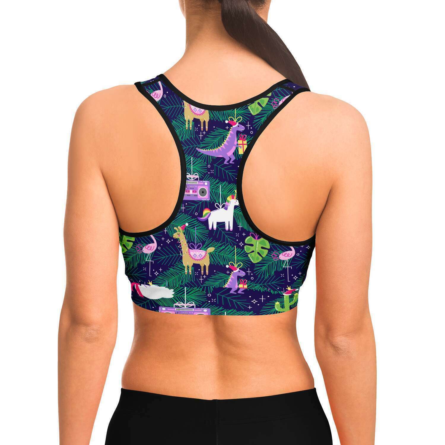 Women's Christmas In July Party Animals Athletic Sports Bra Model Back