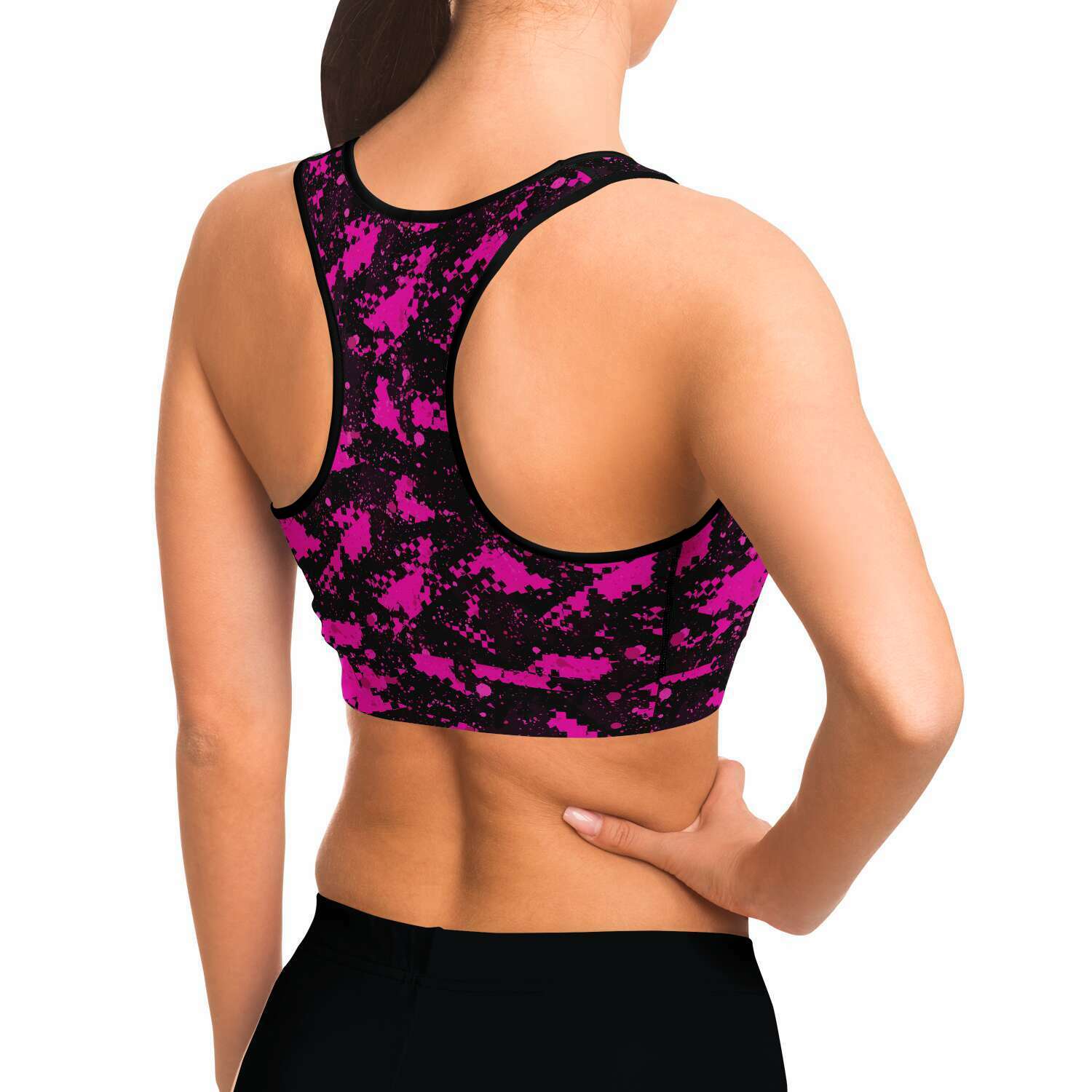 Women's Black Pink Digital Camouflage Athletic Sports Bra Model Right