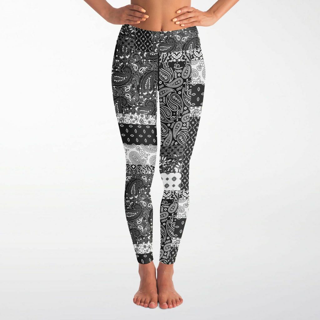 Women's Black White Paisley Patchwork High-waisted Yoga Leggings Front