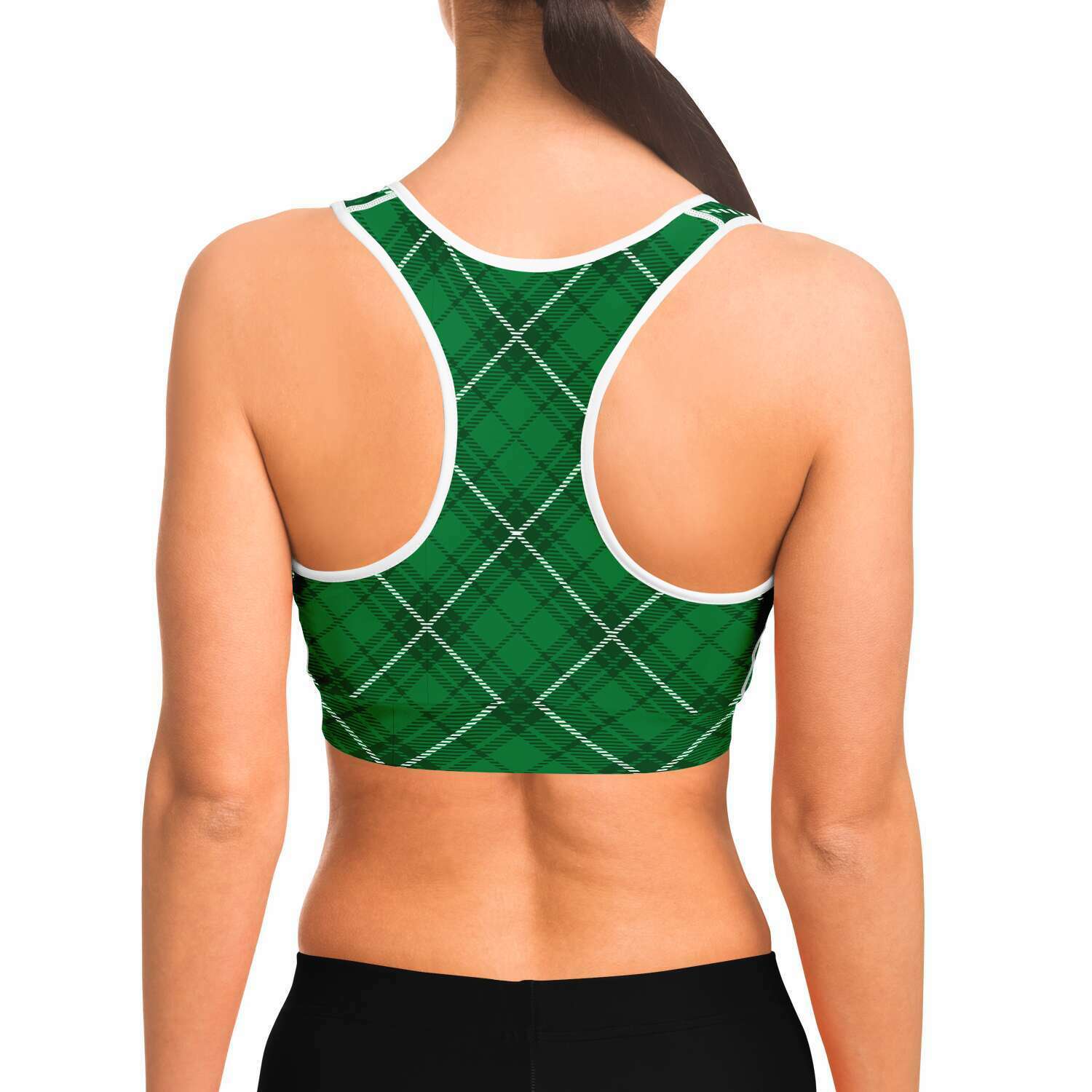 Women's Tradition Irish Green Plaid Athletic Sports Bra Model Back