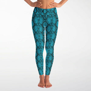 Women's Blue Snakeskin Reptile Print High-waisted Yoga Leggings