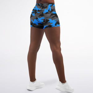 Women's Mid-rise Black Blue Camouflage Athletic Booty Shorts